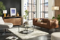 Store Miliboo Mesa de centro redonda con doble tablero de cristal reciclado y metal negro 85 cm WELLE