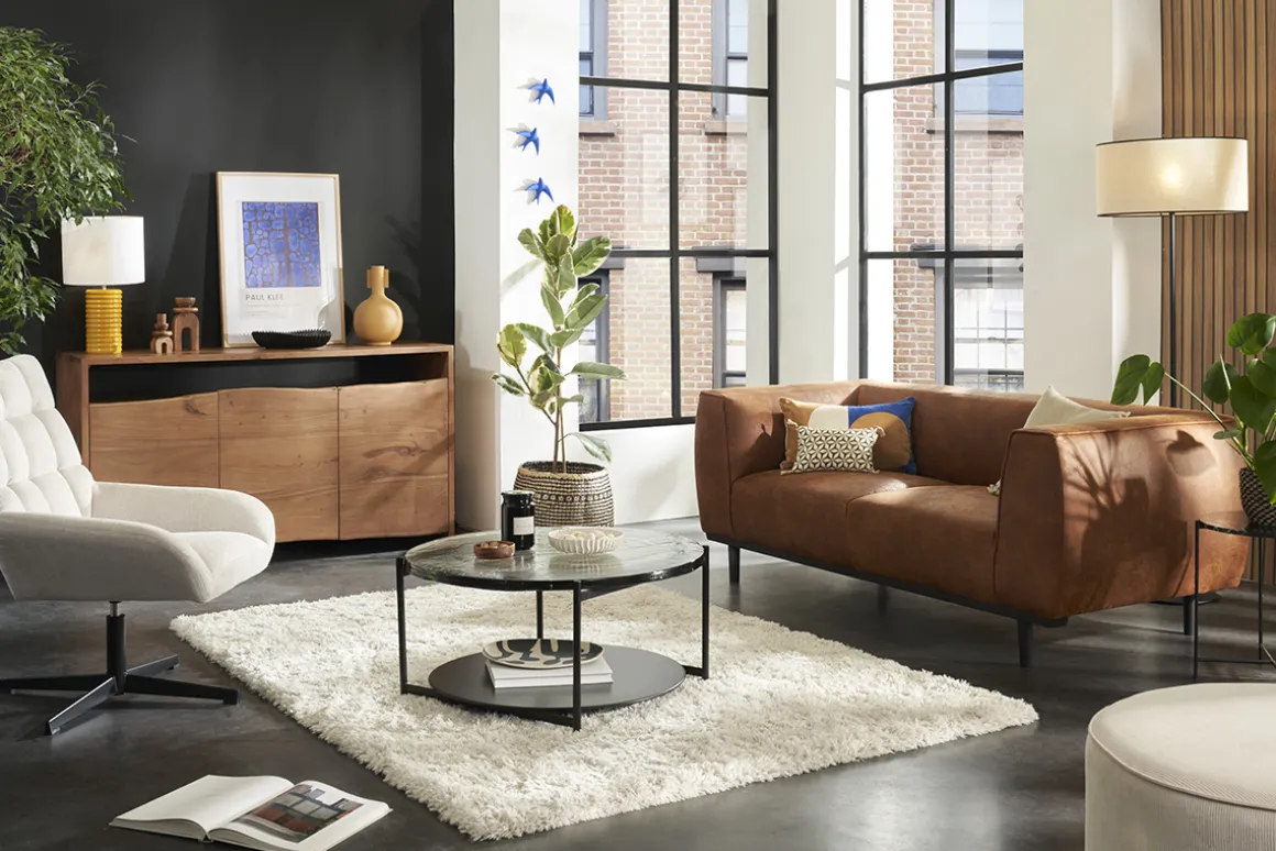 Store Miliboo Mesa de centro redonda con doble tablero de cristal reciclado y metal negro 85 cm WELLE