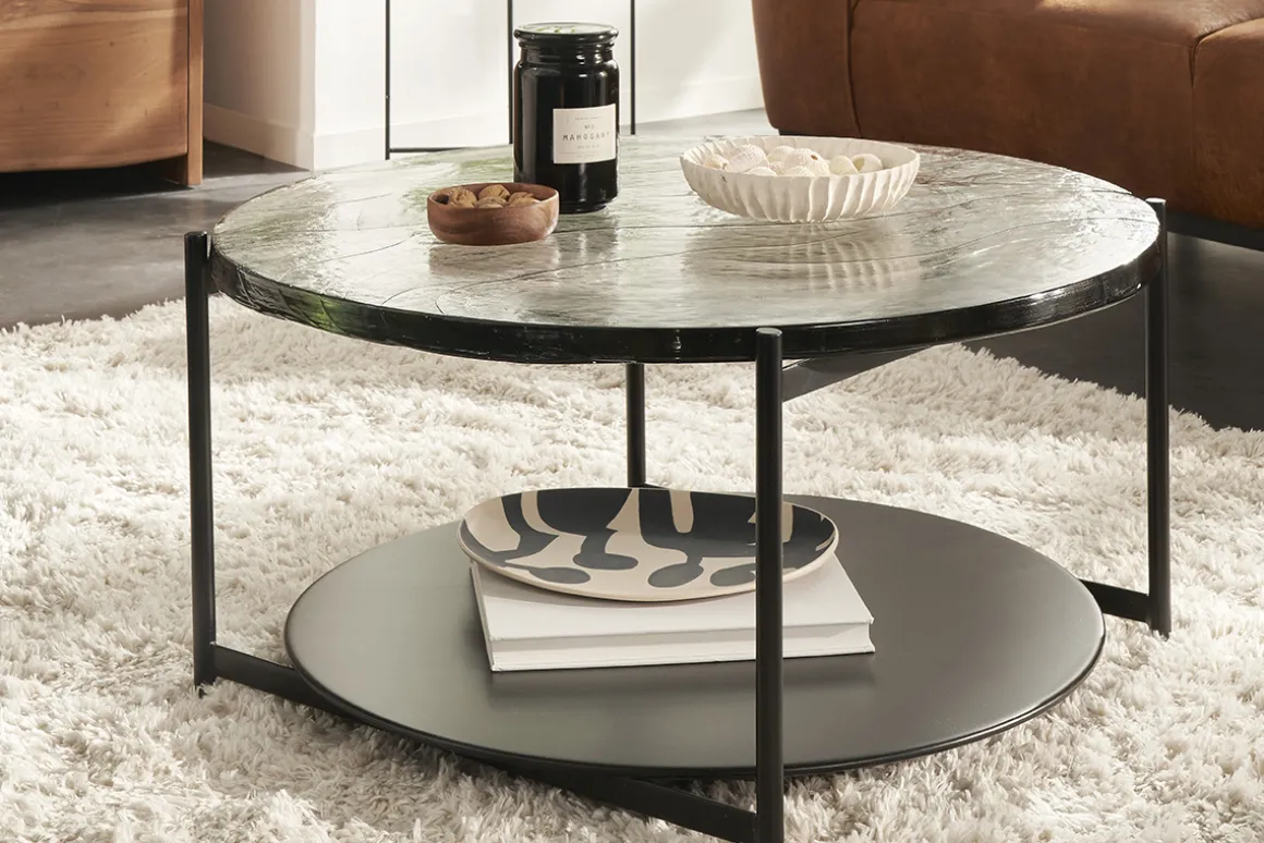 Store Miliboo Mesa de centro redonda con doble tablero de cristal reciclado y metal negro 85 cm WELLE