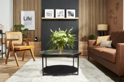 Store Miliboo Mesa de centro redonda con doble tablero de cristal reciclado y metal negro 85 cm WELLE