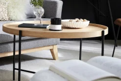 New Miliboo Mesa de centro redonda de madera clara y metal negro 90 cm BASSY