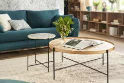 New Miliboo Mesa de centro redonda de madera clara y metal negro 90 cm BASSY