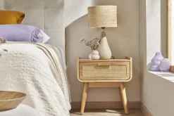 Best Sale Miliboo Mesilla de noche de madera maciza clara y ratán con cajón 50 cm ATHÈNE