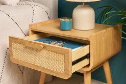 Best Sale Miliboo Mesilla de noche de madera maciza clara y ratán con cajón 50 cm ATHÈNE