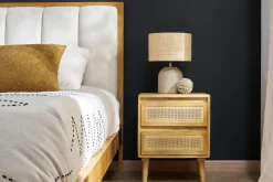 Clearance Miliboo Mesilla de noche de madera maciza de mango y caña de ratán con 2 cajones 40 cm ACANGE