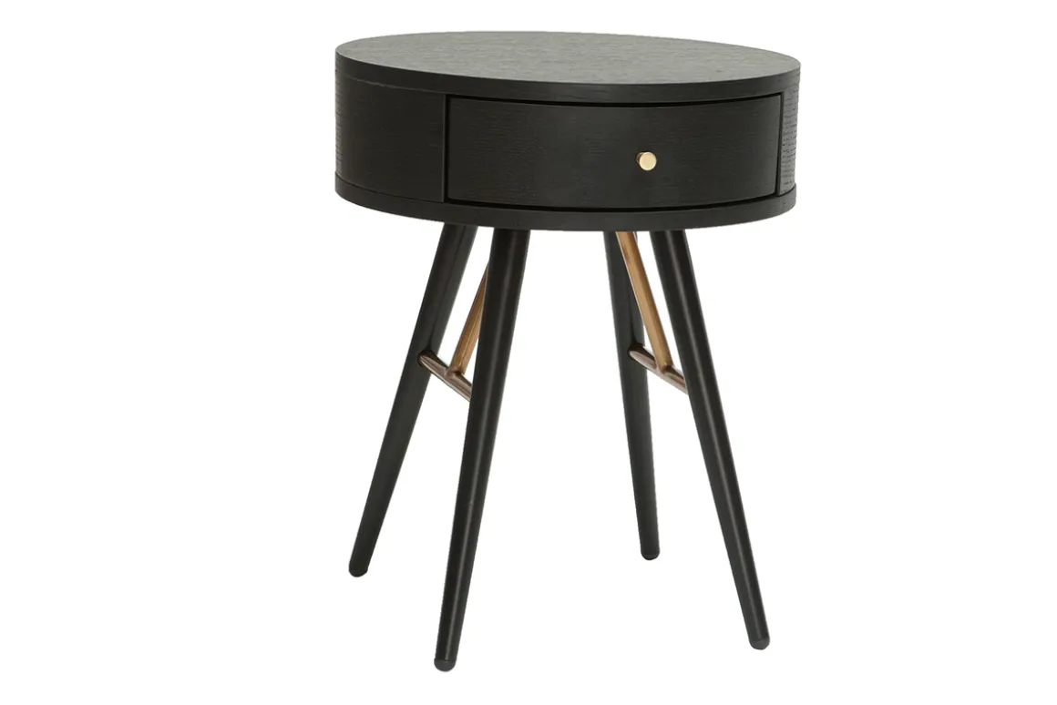 Shop Miliboo Mesilla de noche vintage redonda de madera y metal negro con detalles dorados KORAL