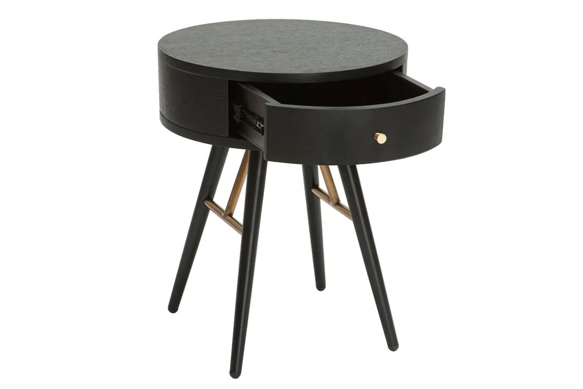 Shop Miliboo Mesilla de noche vintage redonda de madera y metal negro con detalles dorados KORAL