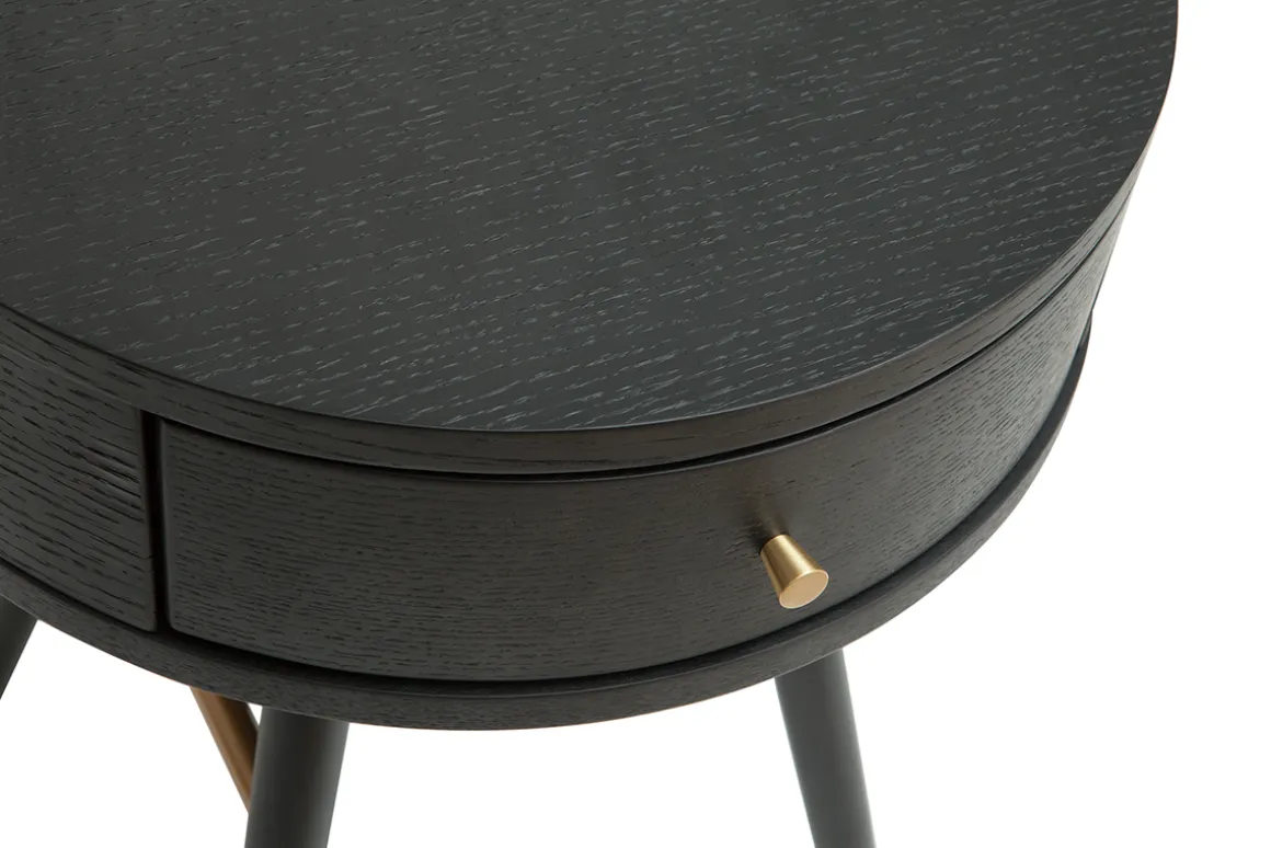 Shop Miliboo Mesilla de noche vintage redonda de madera y metal negro con detalles dorados KORAL