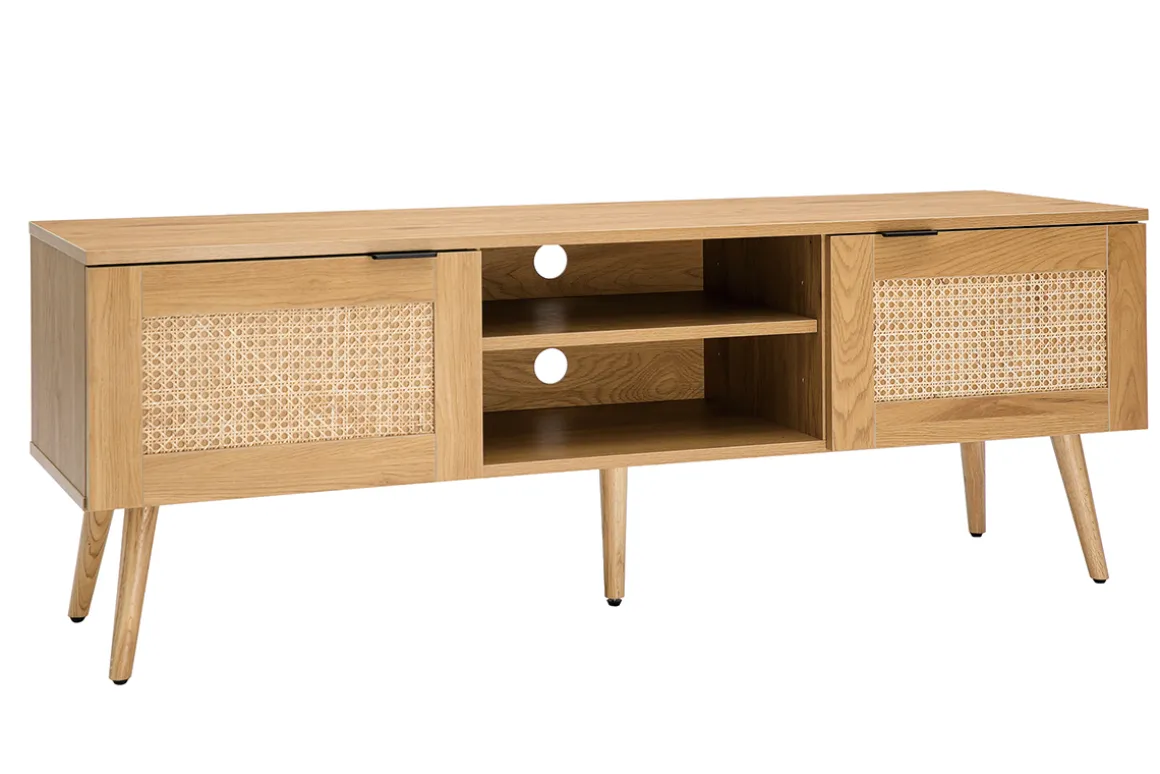 Best Miliboo Mueble TV de madera clara, mimbre y metal negro con 2 puertas 140 cm MANILLE