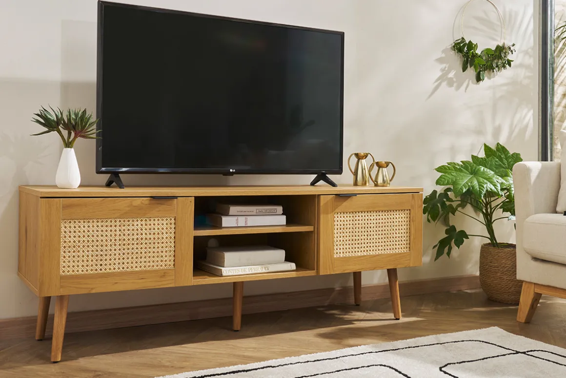 Best Miliboo Mueble TV de madera clara, mimbre y metal negro con 2 puertas 140 cm MANILLE