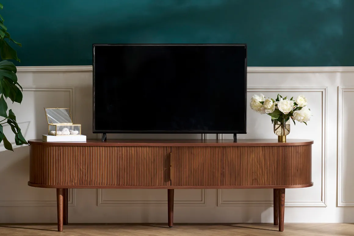 Sale Miliboo Mueble TV de nogal oscuro con almacenaje y 2 puertas correderas 180 cm EPIC