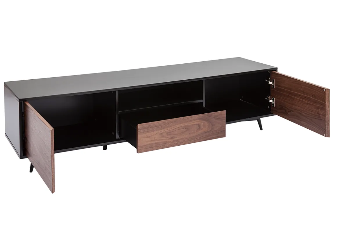 Best Miliboo Mueble TV negro mate y contrachapado de nogal con 2 puertas y 1 cajón 160 cm MERMOZ