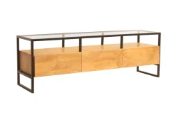 Store Miliboo Mueble TV rectangular con almacenaje de madera maciza de mango, cristal y metal negro 150 cm DIYA
