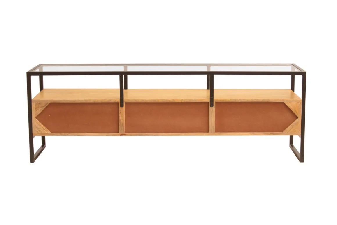 Store Miliboo Mueble TV rectangular con almacenaje de madera maciza de mango, cristal y metal negro 150 cm DIYA