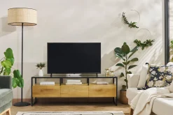 Store Miliboo Mueble TV rectangular con almacenaje de madera maciza de mango, cristal y metal negro 150 cm DIYA