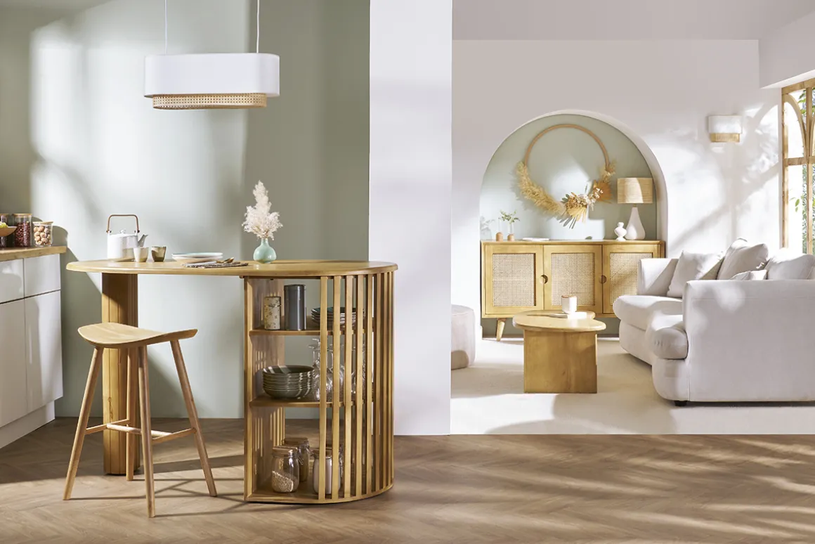 Store Miliboo Pantalla para lámpara de techo doble de tela blanca y ratán natural 62 cm TIWY
