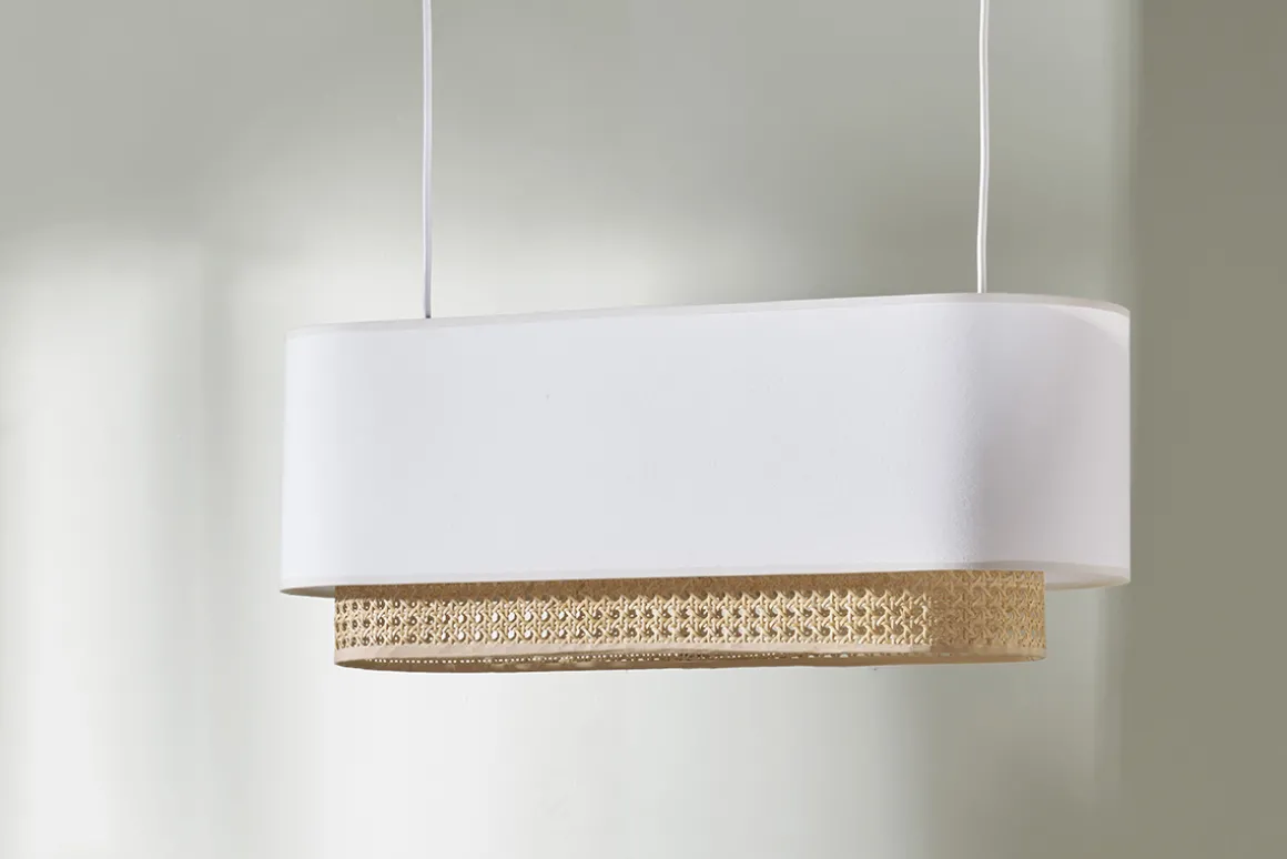 Store Miliboo Pantalla para lámpara de techo doble de tela blanca y ratán natural 62 cm TIWY
