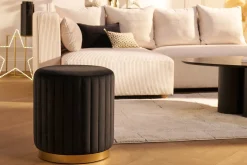 Sale Miliboo Puf redondo de terciopelo negro y metal dorado D40 cm DONA