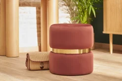 Fashion Miliboo Puf redondo de terciopelo azul tomette y metal dorado D40 cm JOY