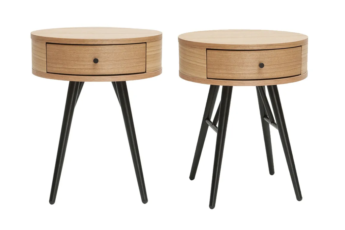 Outlet Miliboo Set de 2 mesillas de noche redondas con cajón de madera clara y metal negro 41 cm KORAL
