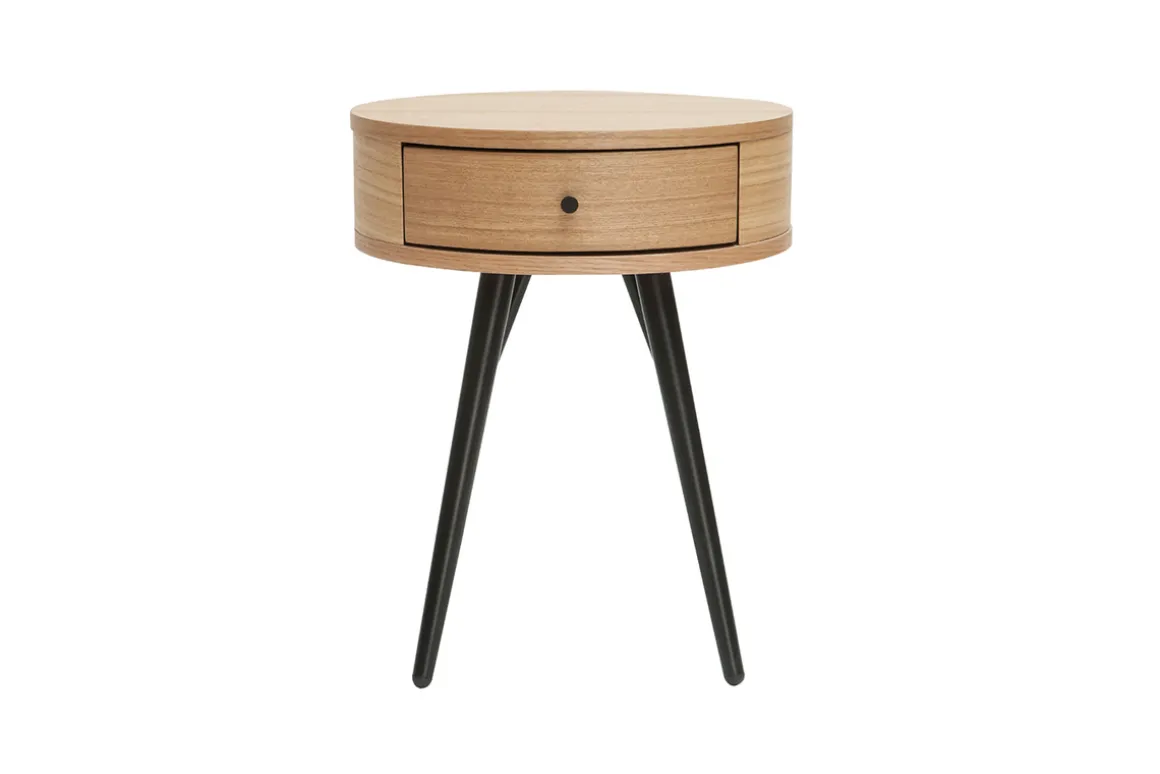 Outlet Miliboo Set de 2 mesillas de noche redondas con cajón de madera clara y metal negro 41 cm KORAL