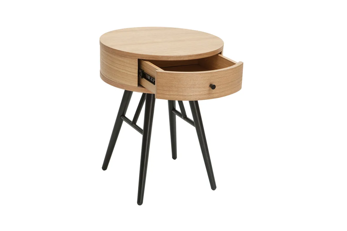 Outlet Miliboo Set de 2 mesillas de noche redondas con cajón de madera clara y metal negro 41 cm KORAL
