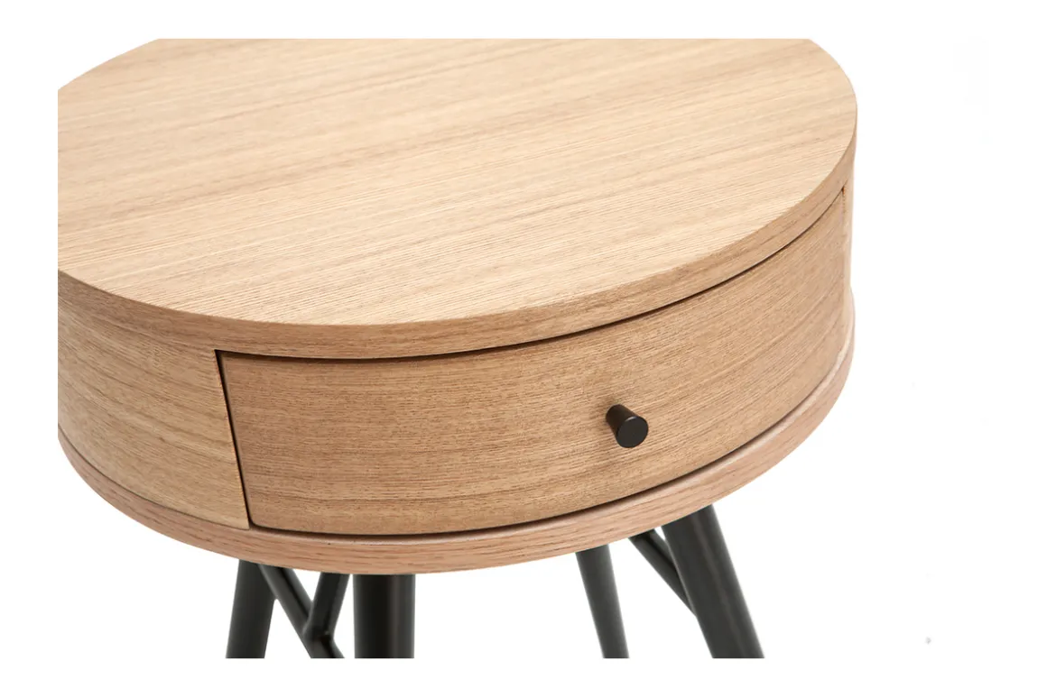 Outlet Miliboo Set de 2 mesillas de noche redondas con cajón de madera clara y metal negro 41 cm KORAL