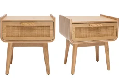 Discount Miliboo Set de 2 mesillas de noche con cajón de madera maciza clara y caña de ratán 50 cm ATHÈNE