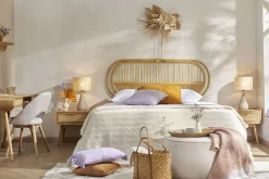 Discount Miliboo Set de 2 mesillas de noche con cajón de madera maciza clara y caña de ratán 50 cm ATHÈNE