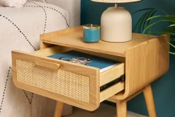 Discount Miliboo Set de 2 mesillas de noche con cajón de madera maciza clara y caña de ratán 50 cm ATHÈNE