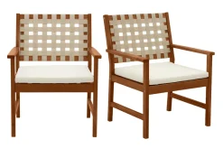 Online Miliboo Set de 2 sillones de jardín de madera maciza con cojín blanco y cinchas beige SANTANA