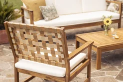 Online Miliboo Set de 2 sillones de jardín de madera maciza con cojín blanco y cinchas beige SANTANA