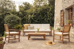 Online Miliboo Set de 2 sillones de jardín de madera maciza con cojín blanco y cinchas beige SANTANA