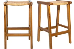Discount Miliboo Set de 2 taburetes de cocina étnicos de madera maciza de teca y caña de ratán 65 cm GAWA