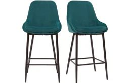 Outlet Miliboo Set de 2 taburetes de cocina de terciopelo azul petróleo y metal negro 65 cm de altura HOLO