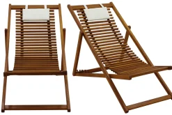 Hot Miliboo Set de 2 tumbonas de madera maciza con cojín de tela blanca MOONA