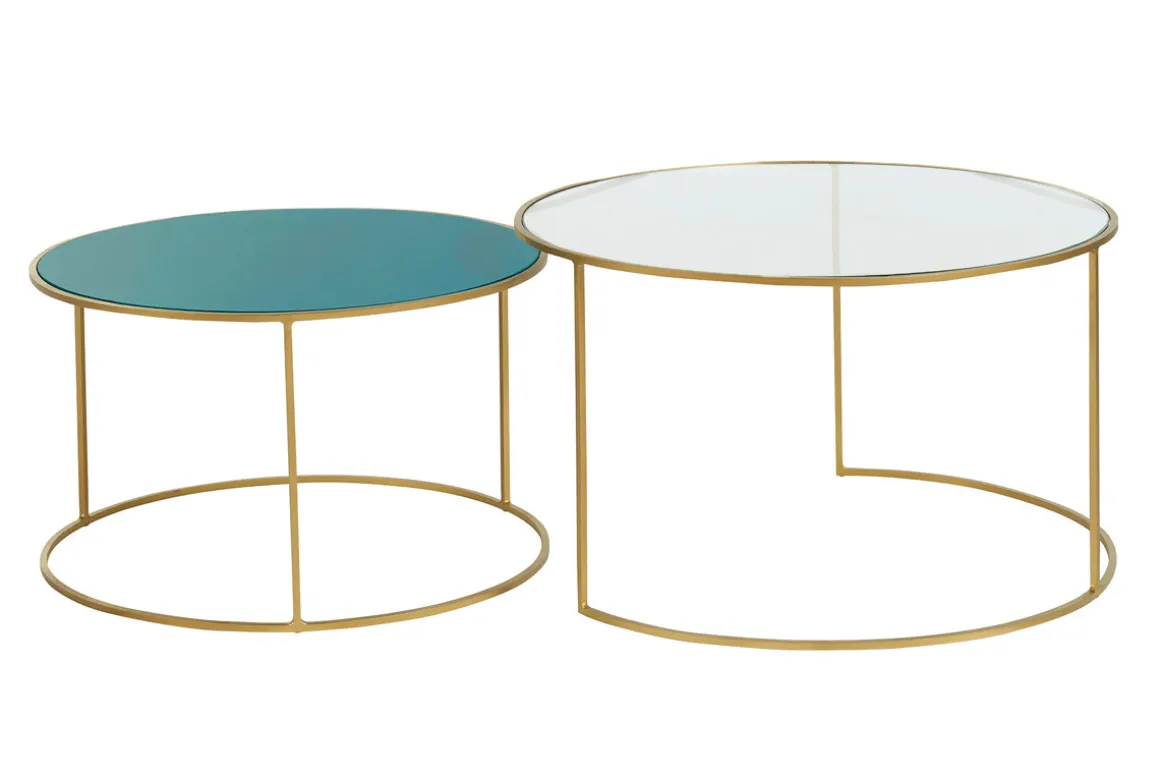 Clearance Miliboo Set de 2 mesas nido de centro en metal dorado y cristal tintado azul petróleo ROXO