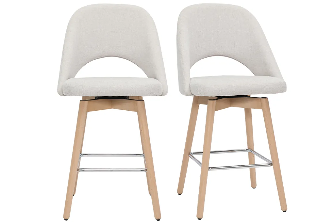 Best Miliboo Set de 2 taburetes de cocina nórdicos de tela efecto aterciopelado texturizado beige y madera de caucho maciza 65 cm COSETTE