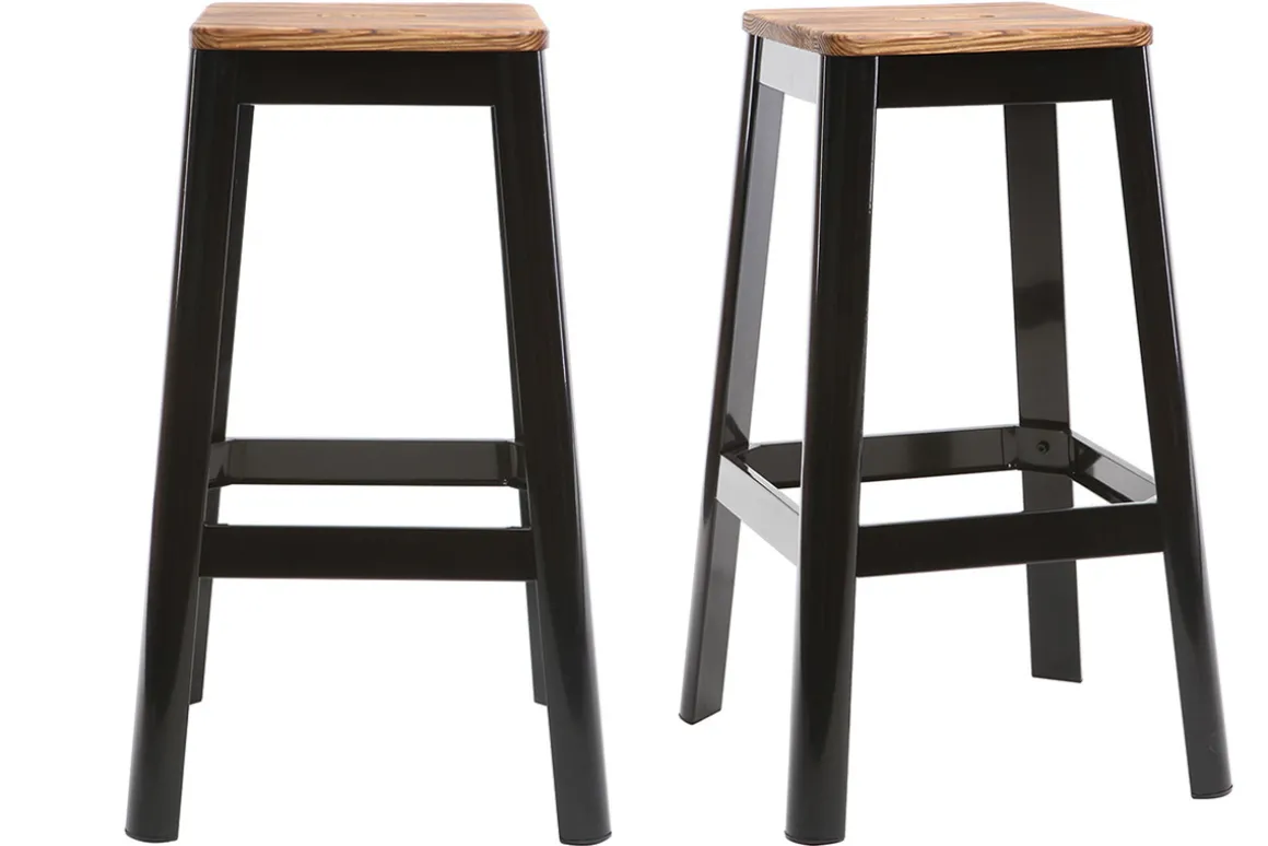 Clearance Miliboo Set de 2 taburetes de cocina industriales de metal negro y madera 75 cm NICK