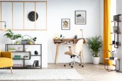 Store Miliboo Silla de escritorio moderna blanca y madera clara YORKE