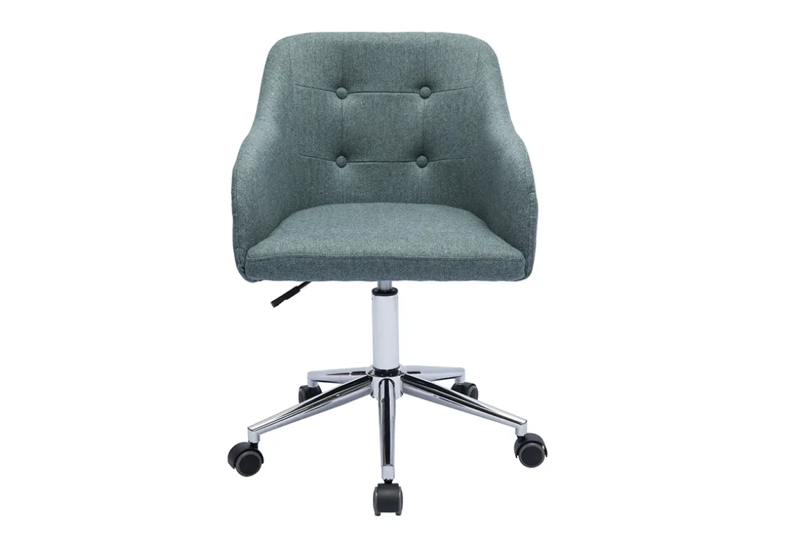 Outlet Miliboo Silla de oficina capitoné con ruedas de tela efecto terciopelo texturizado verde gris y metal cromado BALTIK