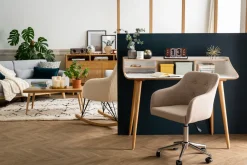 Outlet Miliboo Silla de oficina capitoné con ruedas de tela efecto terciopelo texturizado verde gris y metal cromado BALTIK
