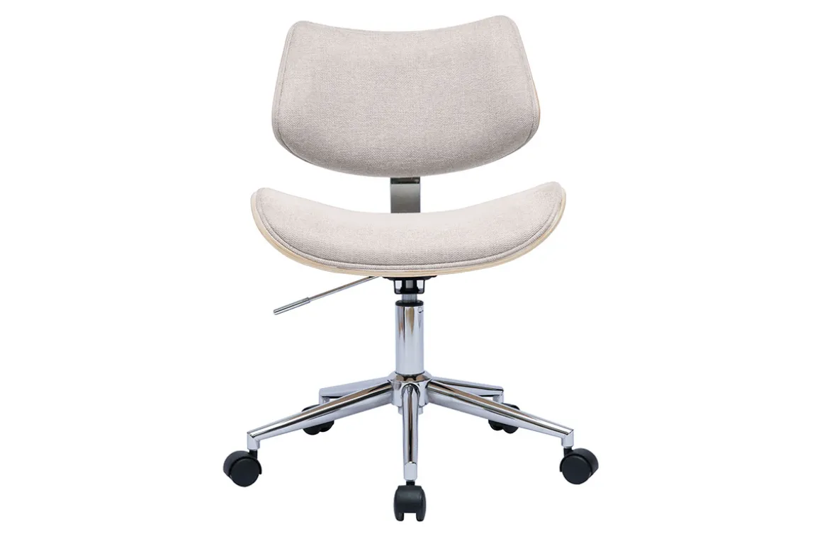 Flash Sale Miliboo Silla de oficina con ruedas de diseño en tela de terciopelo beige, madera de roble claro y metal MALMO