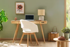 Hot Miliboo Silla nórdica de borreguillo blanco y madera clara maciza PRISMA