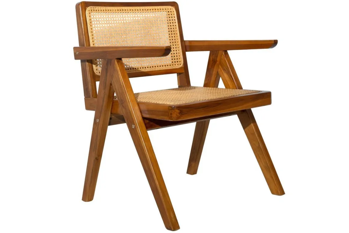Clearance Miliboo Silla vintage de teca maciza y ratán JANNIE