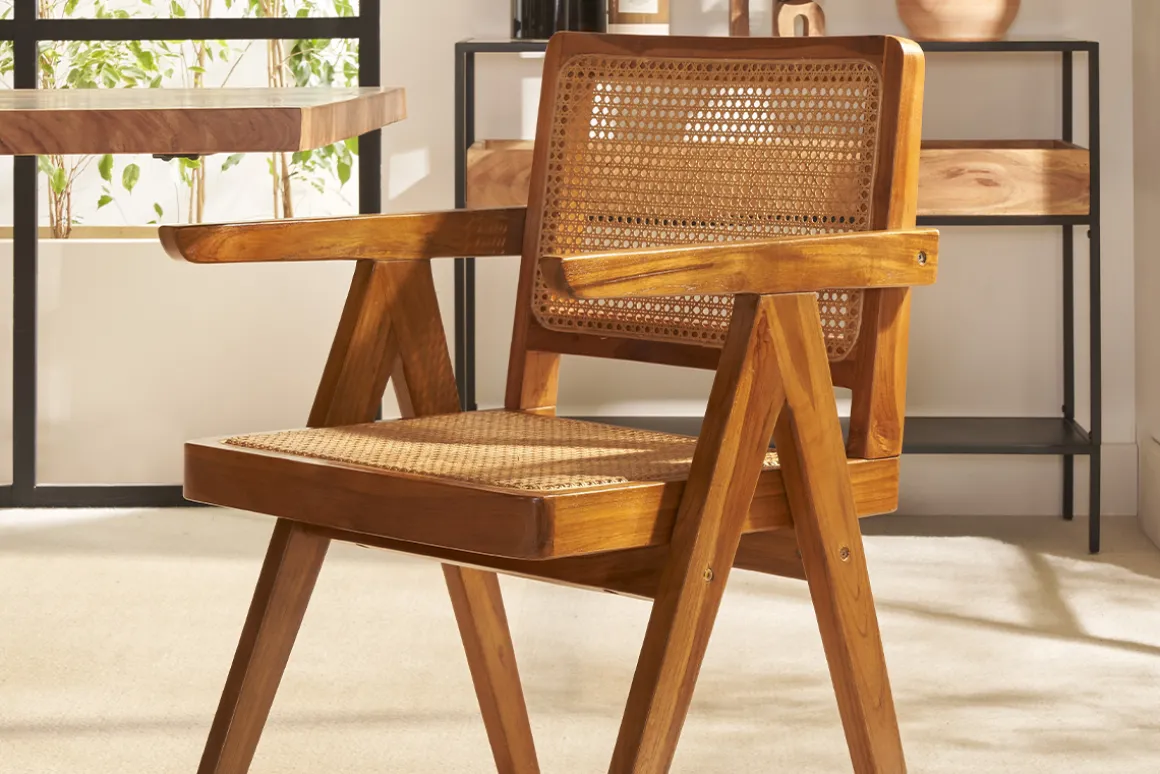 Clearance Miliboo Silla vintage de teca maciza y ratán JANNIE