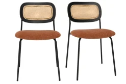 Sale Miliboo Sillas de diseño de tela de terciopelo texturizado color tierra quemada, metal negro y caña de ratán (juego de 2) MIRANDA