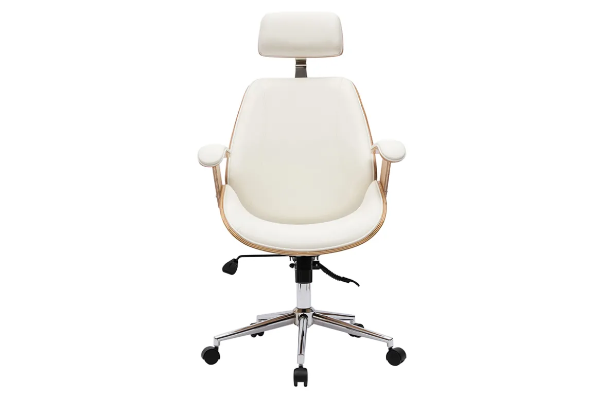 Discount Miliboo Sillón de oficina de dirección de diseño blanco, madera clara y acero cromado MUSK