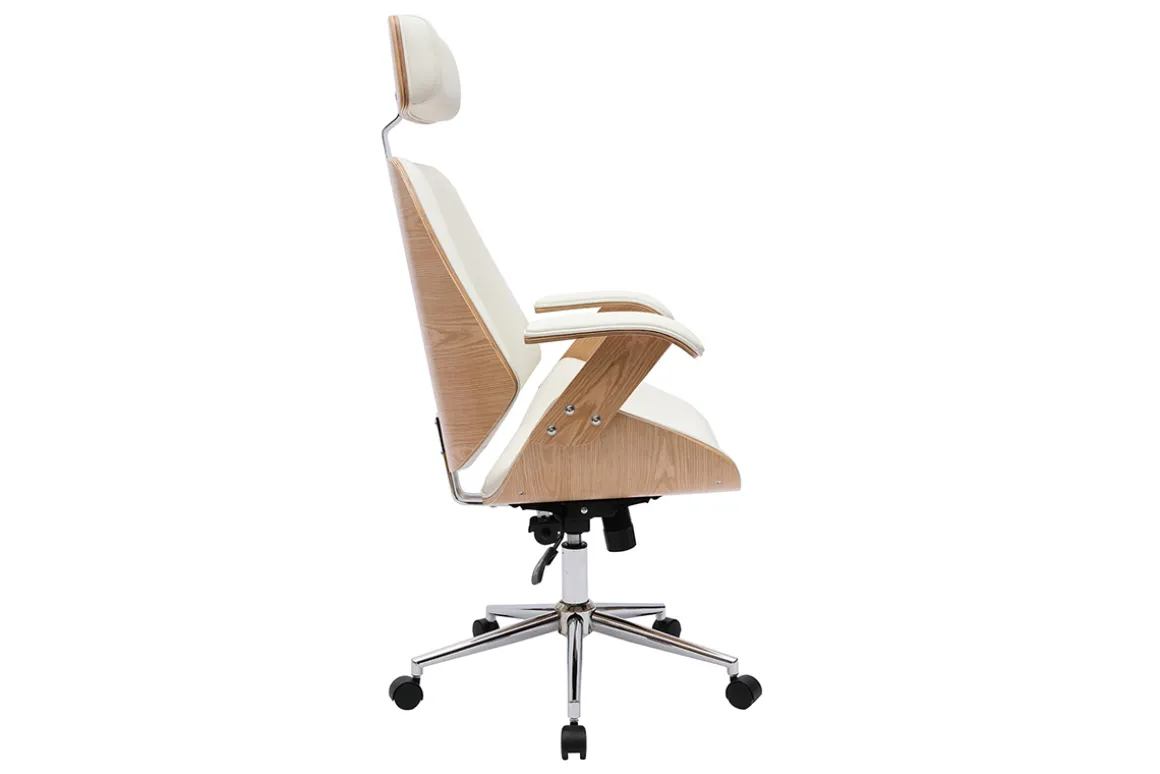 Discount Miliboo Sillón de oficina de dirección de diseño blanco, madera clara y acero cromado MUSK
