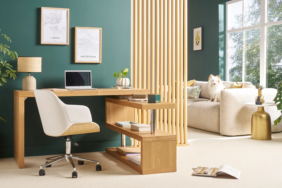 Sale Miliboo Sillón de oficina moderno blanco y madera clara SANDRO